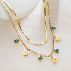 New 18K Gold Plated Turquoise & Flower Necklace Multi-layered chain